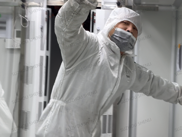 Employees of an organic glass polycarbonate sheet factory with hardened anti-static coating