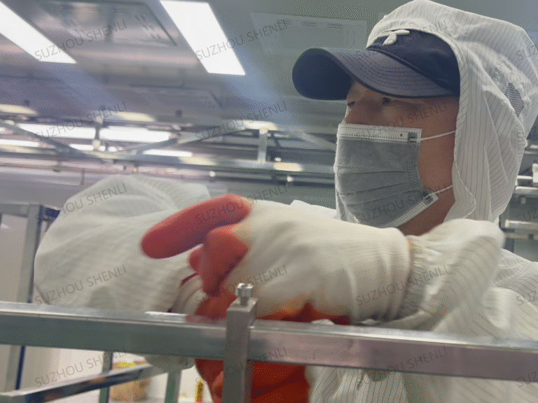 Employees of an organic glass polycarbonate sheet factory with hardened anti-static coating